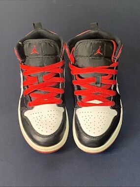 Jordan Kids Black White Red High-Top Sneakers with Red Laces